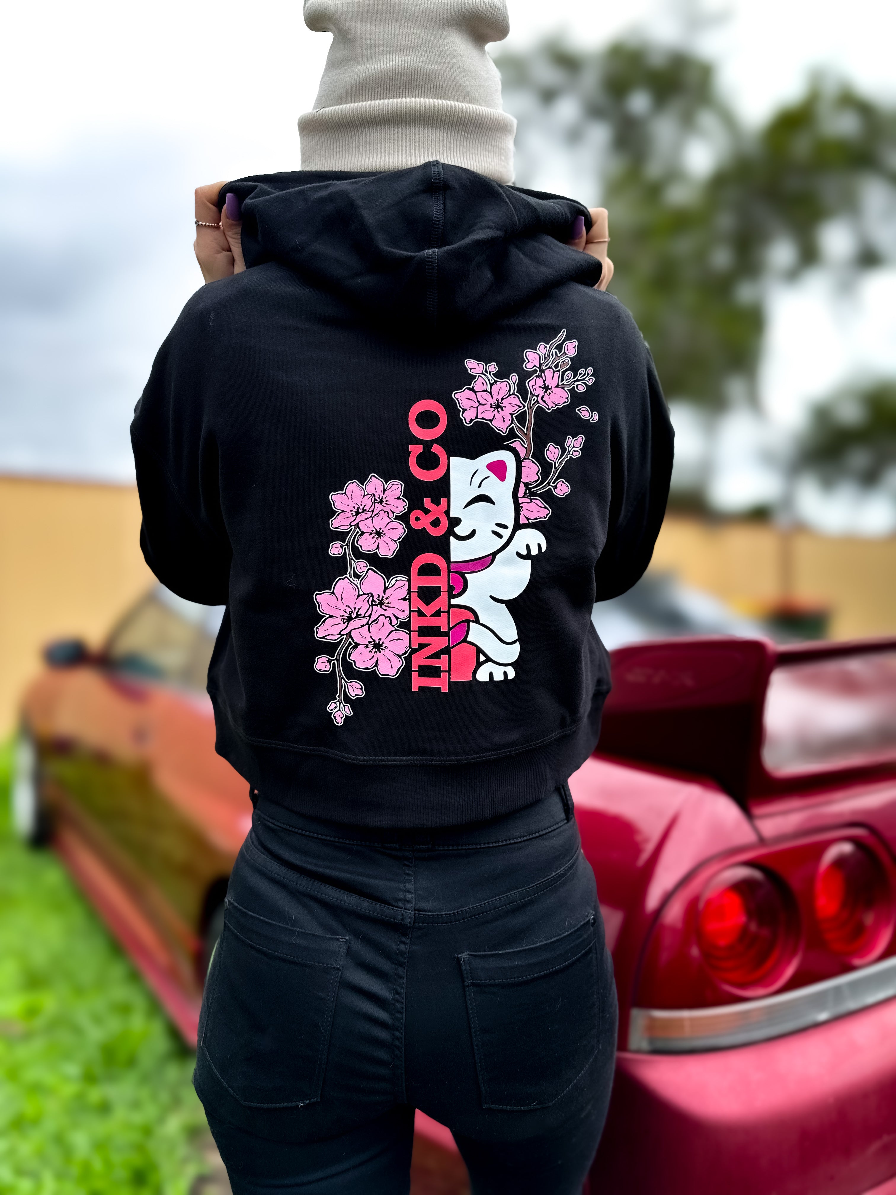 Cherry Blossom Kitty Crop Hoodie